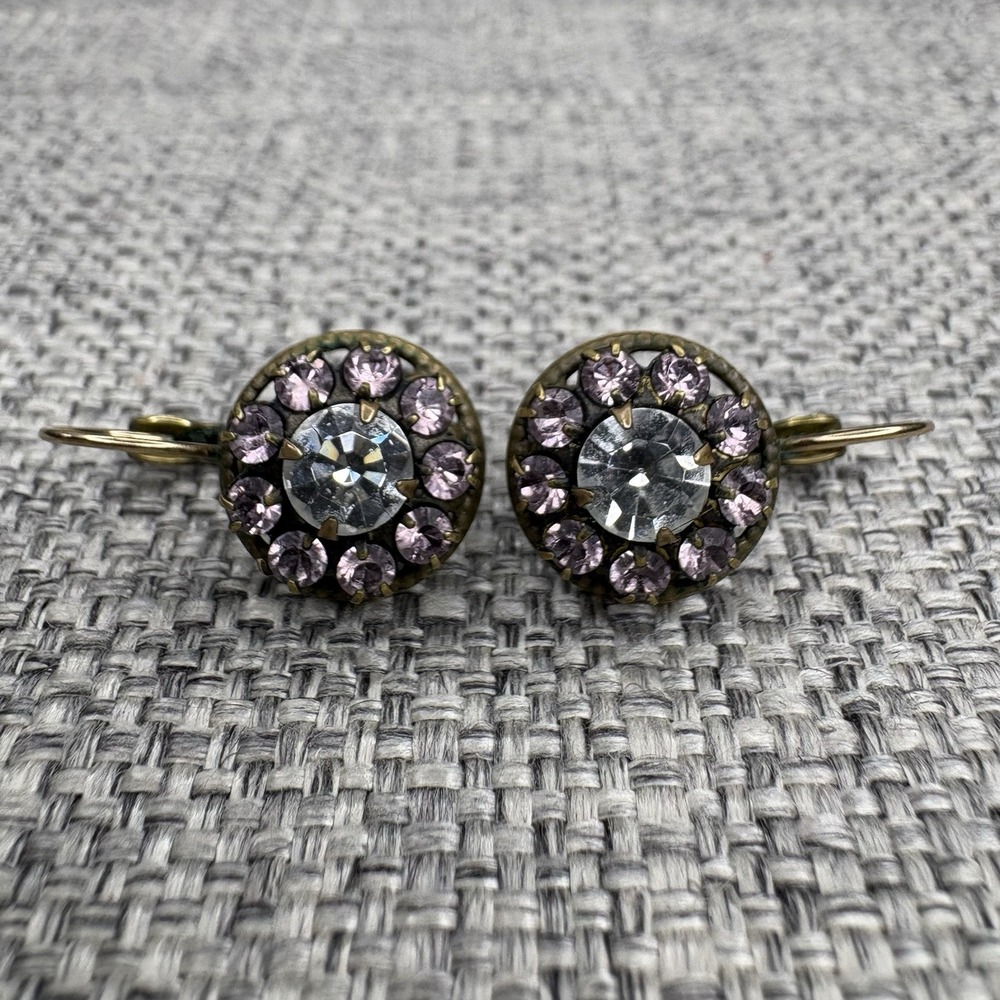 Liz Palacios Lavender Crystal Floral Leverback Earrings Antiqued Brass Tone VTG